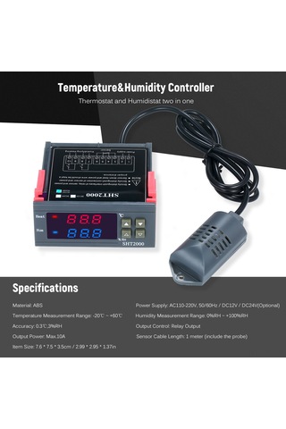 Teltree Sht2000 Dijital Sicaklık Nem Kontrol Cihazı, Mikroişlemci Tabanlı, -20 C/+60 C Aralığı, Röle Çıkışı, Ac110-220v