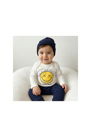 Babysena Happy Baskılı Unisex Bebek Bodyli 3 Lü Takım Lacivert