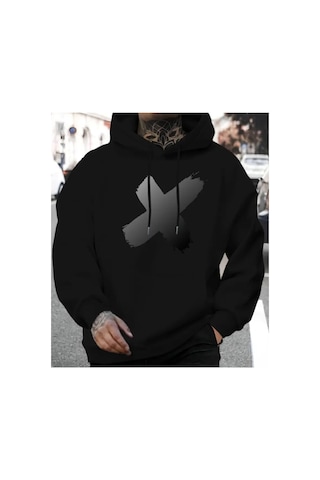 Herkesemoda X Baskı Detaylı Kapüşonlu Sweatshırt Siyah