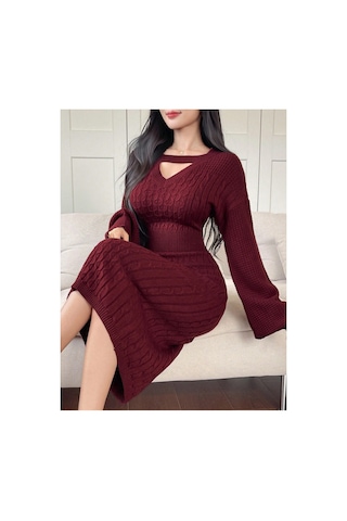 Sayzen Your Shine Choker Yaka Saç Örgü Desenli Balon Kol Kadın Triko Elbise Bordo