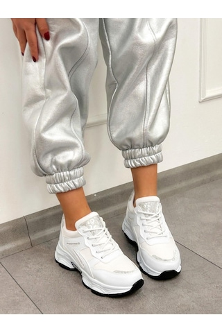 Erva'nın Butiği Beyaz Cilt Leo Leopar Detaylı Kadın Bağcıklı Sneakers-5202