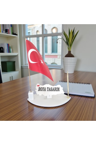 Doğal Beyaz Harita Mermer İsimlik Bayrak Ve Kalemli Gold