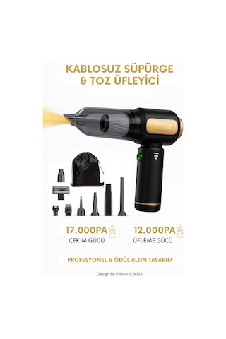 Vooka Araç İçi Süpürge & Üfleme 17.000 Pa Güçlü Çekim 12.000 Pa Üfleme 3 Kademeli,6000 Mah Batarya