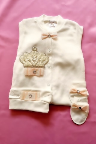 Kurdele Detaylı Taş Işlemeli Beyaz 3'lü Bebek Tulum Seti-beyaz Beyaz