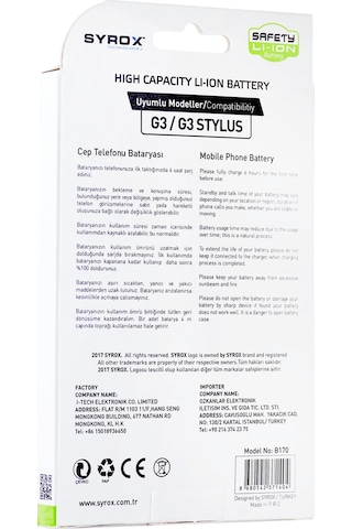 Syrox B170 LG Uyumlu G3/G3 Stylus 3000 Mah Batarya