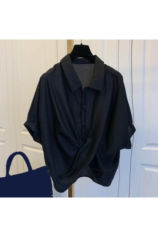 Beyaz Kadın Yaz Yaka Gömlek Tops Batwing Kısa Kollu Çapraz Düzensiz Tasarım Tek Göğüslü Casual Tops Streetweed Beyaz