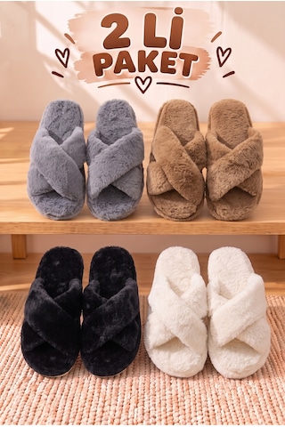 Stwenn 2'li Karma Erkek Kadın Avantajlı Paket Peluş Ev Terliği Kapalı Burun Arkası Açık Sıcak Rahat Panduf 2 Li Lori