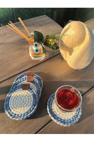 4 Adet Yuvarlak Dekoratif Bardak Altlığı Seti - Yuvarlak , Leke Tutmaz- Mavi-beyaz 13x13 Cm Beyaz - Mavi