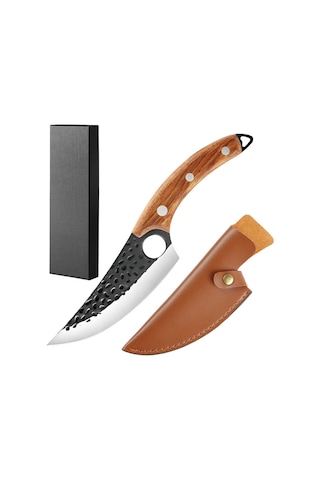 Teltree Pişirme Ve Kesim İçin Çelik Bıçak - Keskin Uç, Çelik Malzeme, Çarpıklı Finish, Narin Ahşap Sap + Deri Kılıf + Hediye Kutusu