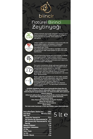 Biincir Soğuk Sıkım Natürel Birinci Zeytinyağı 5 L