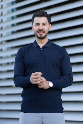 Hk Premium Erkek Triko Kazak Zikzak Desenli Polo Yaka Fermuarlı Slim Fit Lacivert