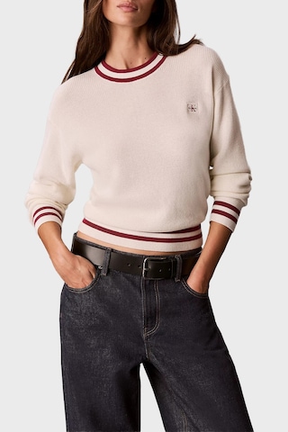 Calvin Klein Pamuklu Çizgi Detaylı Bisiklet Yaka Kazak Lv047h303gyas Kadın Kazak Lv047h303g Yas Krem