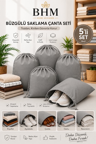 5'li Büzgülü Saklama Çantası 35x45 Cm Nefes Alan Ayakkabı Kılıfı Toz Koruyucu Organizer Gri