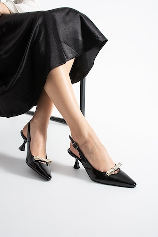 Dericia Shoes Thunder Hakiki Deri Rugan Kadın Fiyonk Detaylı İnce Topuklu Ayakk Siyah
