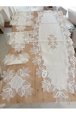 Buradabulabilirsin Salon Takımı Çeyizlik Kreme Krem Runner Set 5 Parça Keten Ranır Masa Konsol Sehpa Örtüsü Kayla Bbz