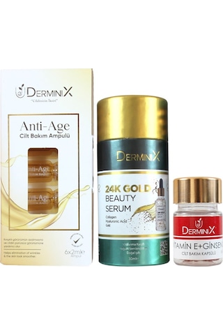 Derminix 24K Gold Beauty Serum 30 ML + E Vitamini Ginseng Cilt Bakım Kapsülü + Anti-Age Cilt Bakım Ampulü 6 x 2 ML
