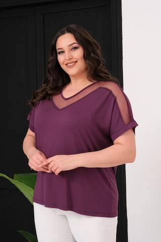 Aytemas Yakası Ve Omuz Tül Detaylı Bluz Mürdüm