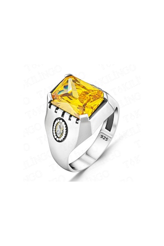 Takılingo 925 Ayar Gümüş Sarı Sitrin Taşlı Sade Erkek Yüzük Gümüş