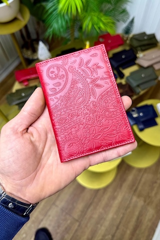 Premium Deri Ruhsat Kılıfı Ve Anahtarlık Seti Kırmızı Motifli
