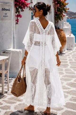 Asprinfashion Kadın İthal Dantel Pareo Kimono Plaj Elbisesi Beyaz Bohem Yazlık Kaftan