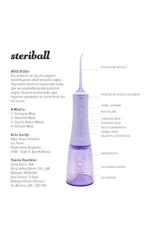 Steriball Oral Irrigator Ağız Duşu Lila - 4 Temizlik Modu 360 Dönebilen Başlık 0,60 Mm İnce Su Akışı Yüksek Frekanslı Su Darbesi