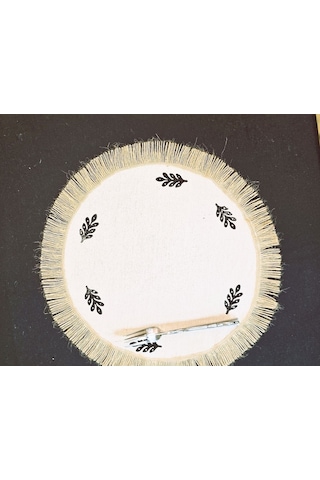 %100 Pamuklu Ham Keten Hasır Püsküllü Minik Desen Taş Baskı 6' Lı Amerikan Servisi Supla Yuvarlak 40cm Naturel