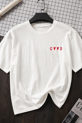 Spoyi Good Mood Tasarımlı %100 Pamuk Yarım Oversize Beyaz T-shirt