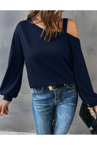 Moderie Butik Kadın Uzun Kollu Tek Omuz Askı Detay Salaş Viskon Iki Iplik Bluz Lacivert