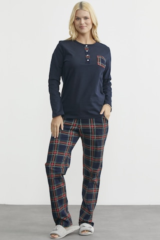 Düz Kombinli Ekose Pamuk Pijama Takım - Lacivert Lacivert