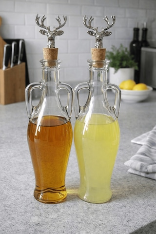 2'li Amfora Model Mantar Tıpalı Cam Yağ Şişesi - 750ml. Şeffaf Sirke Limon Suyu Şişesi - Gümüş Geyik Şeffaf