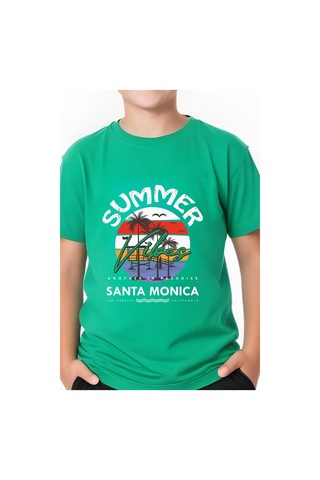 Summer Baskılı Erkek Çocuk Yuvarlak Yaka Kısa Kollu T-shirt Yeşil