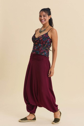 Drape Detay Beli Lastikli Şalvar Pantolon Bordo