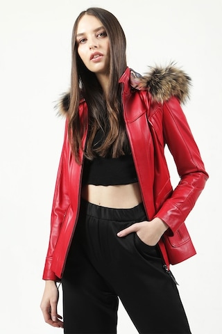Dericlub Yb-2096 Kapşonlu Gerçek Deri Kadın Kaban Kırmızı