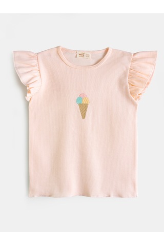 Aysbebe Kız Çocuk Dondurma Nakışlı Şortlu Kaşkorse Takım Kısa Kollu Somon MTC1002S