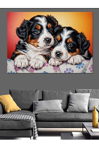 Ahşap Tablo Uyuyan İki Küçük Köpek Yavrusu İnsan Figürlü Tablolar