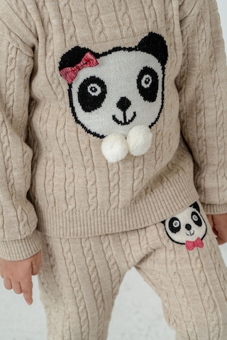 Babyhola 1-5 Yaş Kız Çocuk Panda Desenli Saç Örgü Kışlık Triko Takım 23217 Bej