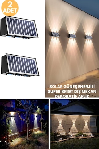 Trendpoint 2adet Solar Çift Taraflı 6ledli Aplik Sarı Işık Duvar Lamba Bahçe Aydınlatma Güneşle Şarj