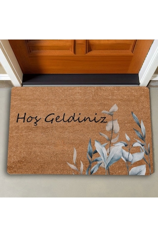 Valerine Life Zarif Gri Beyaz Yapraklar Hoş Geldiniz Kapı Önü Paspası 45x70cm