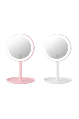 Led Işıklı Dimmerli Usb Şarjlı Dokunmatik Makyaj Aynası Pembe - 3 Renk Işık Modu 360 Döner Masaüstü Ayna Yuvarlak