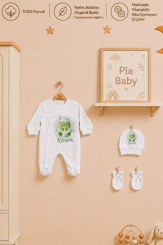 Pia Baby İsme Özel Erkek Bebek Tulum %100 Pamuk Organik Baskılı İsimli Bebek Tulumu Ham Bez Kıyafet Kesesi Bebek Hediye Seti 2067tkyx Krem