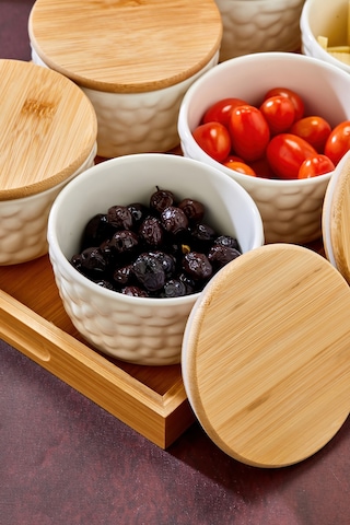 Cooker Palermo 6'lı Porselen Bambu Kapaklı Tepsili Kahvaltılık Seti Ckr3931 Çok Renkli
