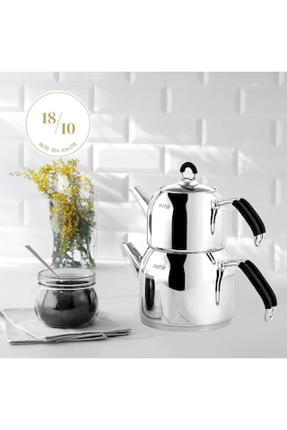 Nehir Modern Midi Orta Boy 1-2 Lt. Paslanmaz Çelik Çaydanlık Takımı Gri