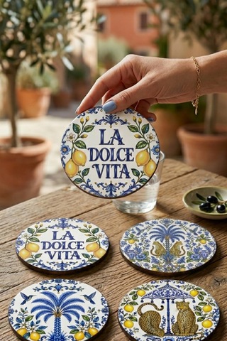 Sicilya Limon Desenli Bardak Altlığı 4lü Set La Dolce Vita 9 Cm Mdf Uv Baskı Çok Renkli