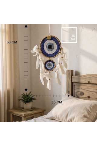 Dreamcatcher 77-3 Çift Halkalı Nazar Boncuğu Tüy Detaylı El Yapımı Duvar Süsü Dekoratif Aksesuar
