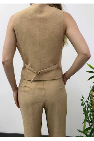 Nevege Butik Nevege Kadin V Yaka Camel Astarli Keten Yelek Camel