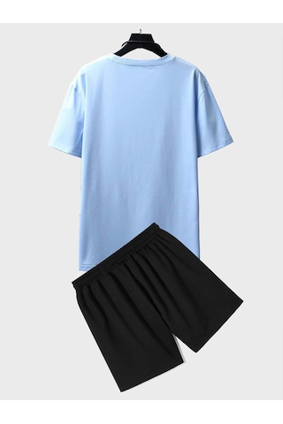 Moon T-shirt Şort - Bebe Mavi Siyah Alt Üst Kombin Şort Tişört Takım Baskılı Oversize Bisiklet Yaka Bebe Mavi