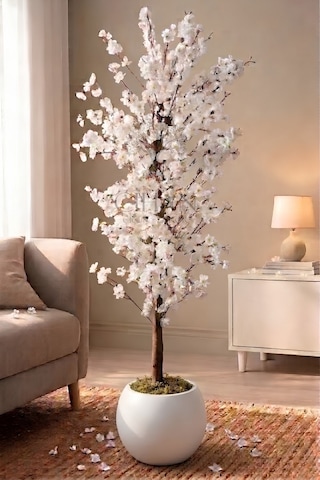 Cihan Çiçekçilik Yapay Beyaz Bahar Dalı Ağacı 200cm - 27x33 Cm Küre Saksılı