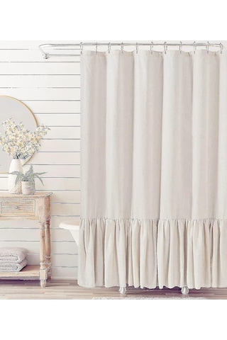 Rustik Fırfırlı Duş Perdesi, Keten Karışımlı Banyo Duş Perdesi, Doğal, 183 X 183 Cm Diğer