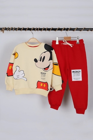Unisex Çocuk Mickey Mouse Baskılı 3 İplik Şardonsuz Kışlık Sweat Ve Eşofman Alt Üst Takım Bej