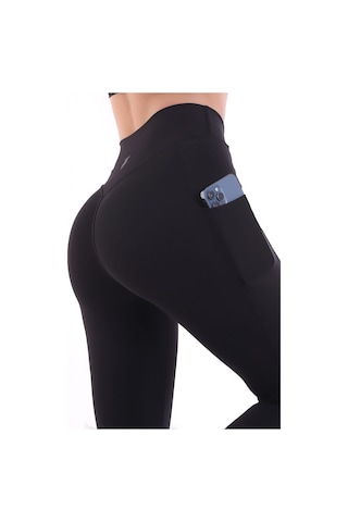 Emfure Siyah Kadın Spor Tayt Çift Cepli Sıkılaştırıcı Toparlayıcı Yüksek Bel Sporcu Taytı Leggings Fitness Siyah